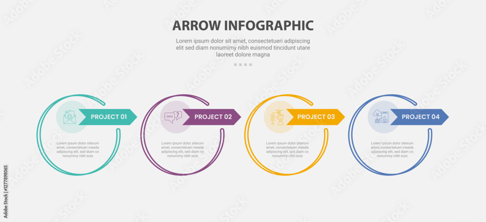 Poster arrow base infographic outline style with 4 point template with big circle and arrow badge on top fo