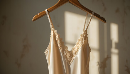 Silk and Lace Lingerie Hanging on Wooden Hanger – Elegant Satin Camisole, Soft Lighting, Feminine Minimalist Look
