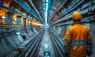 Fototapeta premium Worker in gear walks through a dimly lit tunnel