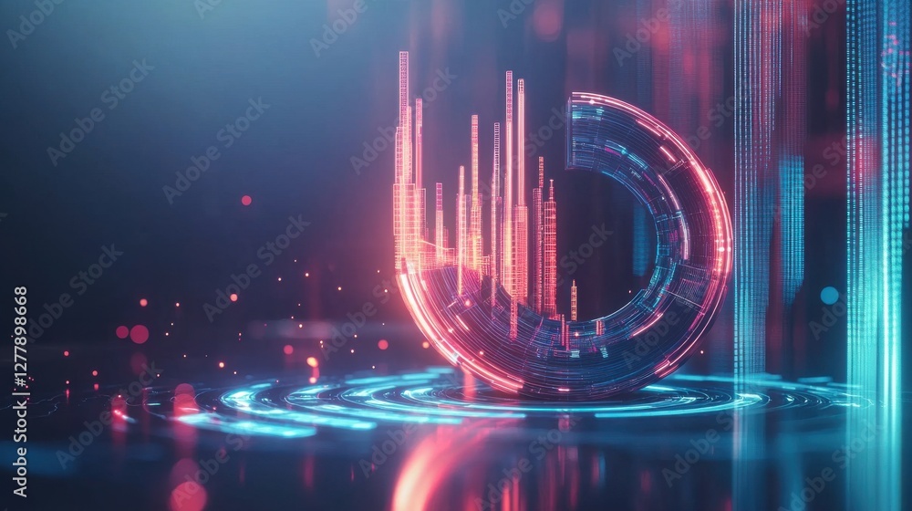 Poster futuristic neon data visualization interface with glowing holographic elements