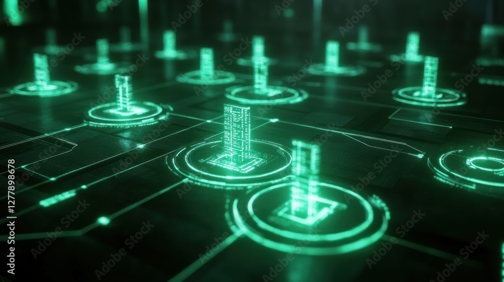Poster futuristic green network with nodes connected by glowing lines