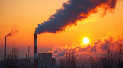 Obraz premium Industrial pollution emission at sunset urban area photo atmospheric conditions wide view