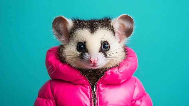 Adorable Didelphis marsupialis in Pink Puffer Jacket