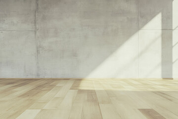 Modern empty interior with natural light highlighting wooden floor and concrete walls