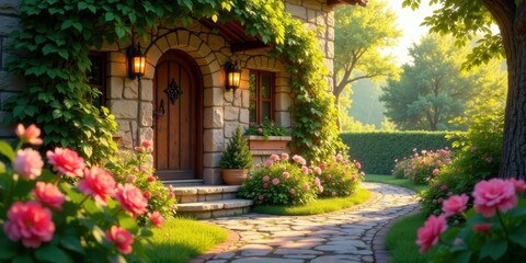 Stone House with Blooming Roses and Winding Path in a Lush Garden at Dawn