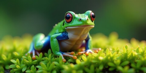 Naklejka premium Vibrant Amphibian Perched Amidst Lush Greenery, Displaying Striking Red Eyes and Vivid Colors in a Detailed Close-Up Shot