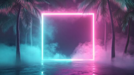 Neon square portal with palm trees and fog is shown