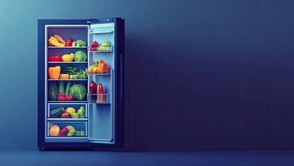 Open refrigerator filled with fresh produce in a modern kitchen