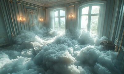 A room is filled with soft clouds, creating a dreamlike atmosphere