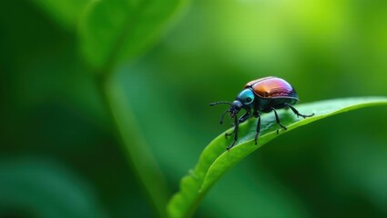 Naklejka premium A Vibrant Jewel-toned Beetle Crawls Along a Lush Green Leaf in a Serene Natural Setting