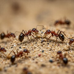 macro shot of ants transporting tiny grains of sand.
