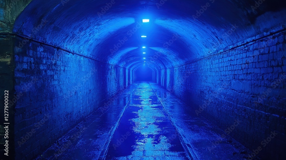 Poster dramatic perspective of a long brick tunnel illuminated by blue lights creating a mysterious and cap
