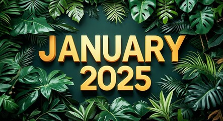 january 2025 lettering on jungle leaves background