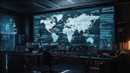 Dark control room with global map display