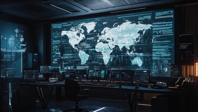 Dark control room with global map display - Powered by Adobe