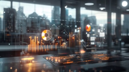 Fototapeta premium Digital Data Visualization and Financial Analytics Dashboard with Graphs Charts and Infographics on Futuristic Technology Interface