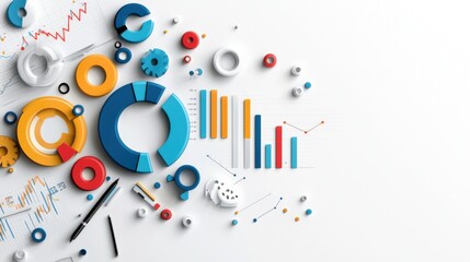 Colorful data visualization and financial analysis tools on modern office desk