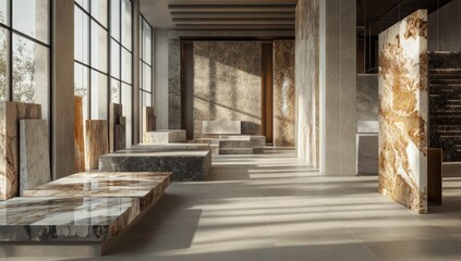 Fototapeta premium Modern stone display hall showcasing various marbles