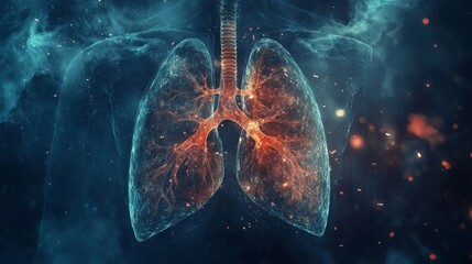 Human lungs highlighted in glowing blue, medical body scan concept on futuristic science background with digital data and molecular structures, 3d illustration for healthcare, pulmonology, and respira