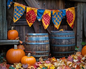 Oktoberfest Celebration colorful Oktoberfest flags and beer barrels surrounded by autumn leaves and pumpkins