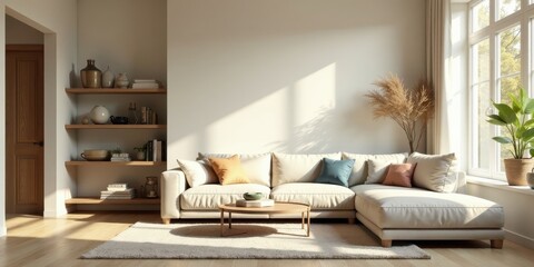 Serene Living Room with Neutral Tones and Sunlight Streaming Through a Window