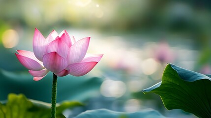 Obraz premium Serene Pink Lotus Bloom in a Tranquil Garden