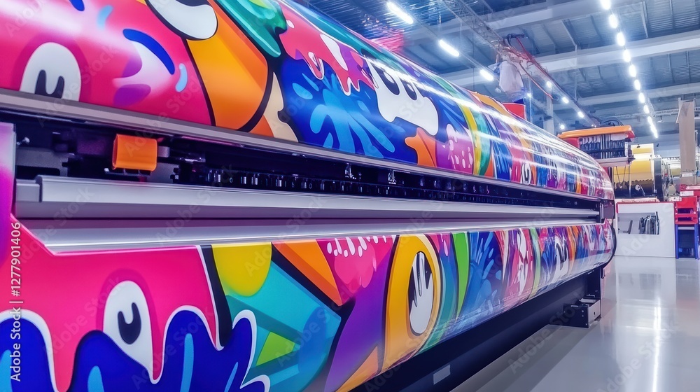 Poster large format printer displaying vibrant abstract colorful graphic art