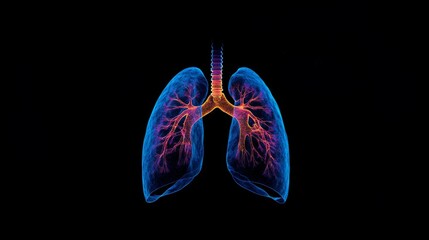 Human lungs highlighted in glowing blue, medical body scan concept on futuristic science background with digital data and molecular structures, 3d illustration for healthcare, pulmonology, and respira