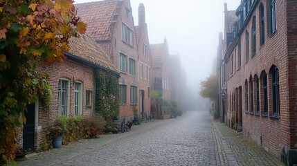 Fototapeta premium Foggy Street with Cobblestones and Historic Houses Surrounded by Fall Foliage in Europe