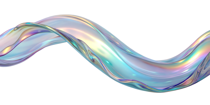 Graceful Curved Thin Lines of Pearlescent Holographic Liquid Plastic on Transparent Background