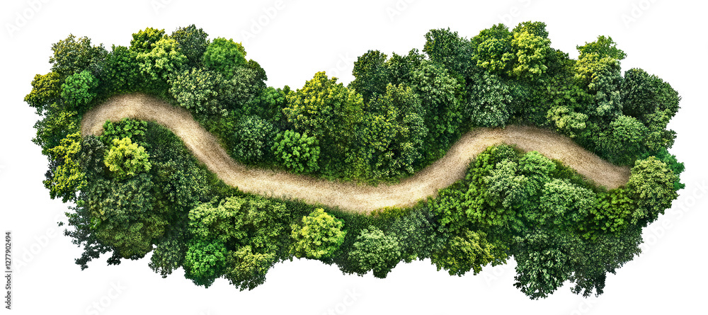 Poster aerial view of a forest path surrounded by green trees, isolated on transparent cutout background