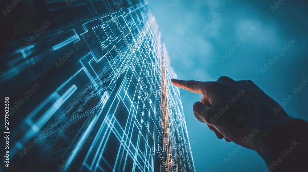 Poster digital interface touched by hand against abstract building pattern