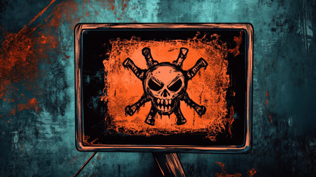 Hacker Warning Sign with a Skull and Crossbones on a Cybernetic Digital Screen in a Dystopian Setting