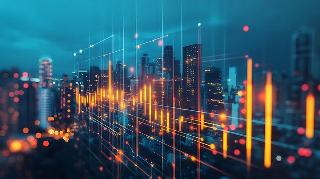 Futuristic Cityscape: Digital Overlay of a Vibrant Metropolis at Night