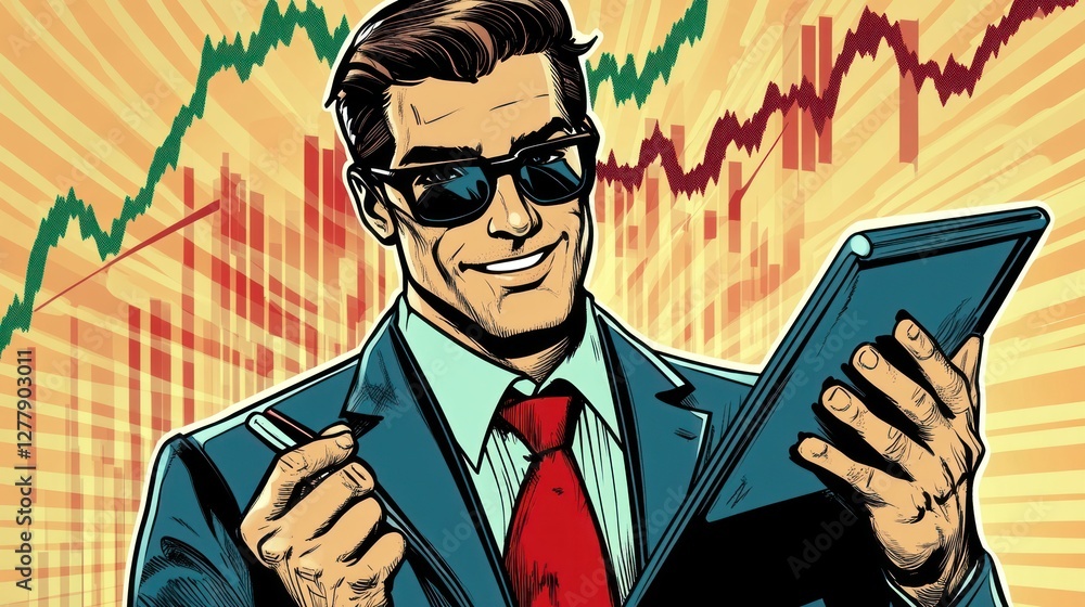 Poster successful businessman analyzing stock market data with optimistic expression