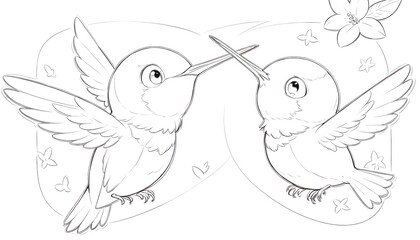 Fototapeta premium Cute hummingbirds line art illustration, black and white coloring page, nature and wildlife drawing for kids