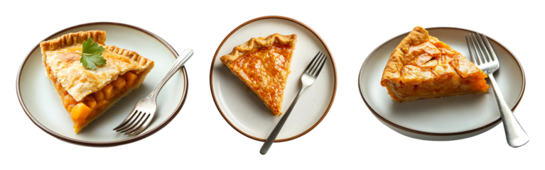 Collection of pie slice placed on a plate with fork showcasing traditional cuisine isolated on a white or transparent background.