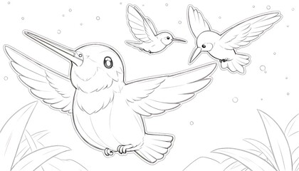 Obraz premium Cute hummingbirds line art illustration, black and white coloring page, nature and wildlife drawing for kids