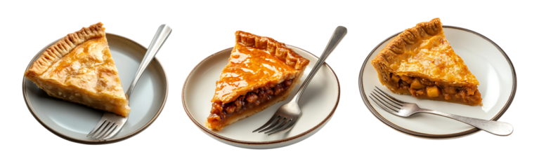 Collection of pie slice placed on a plate with fork showcasing traditional cuisine isolated on a white or transparent background.