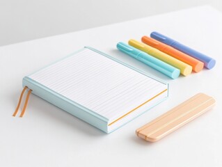 Notebook with colorful markers on a table