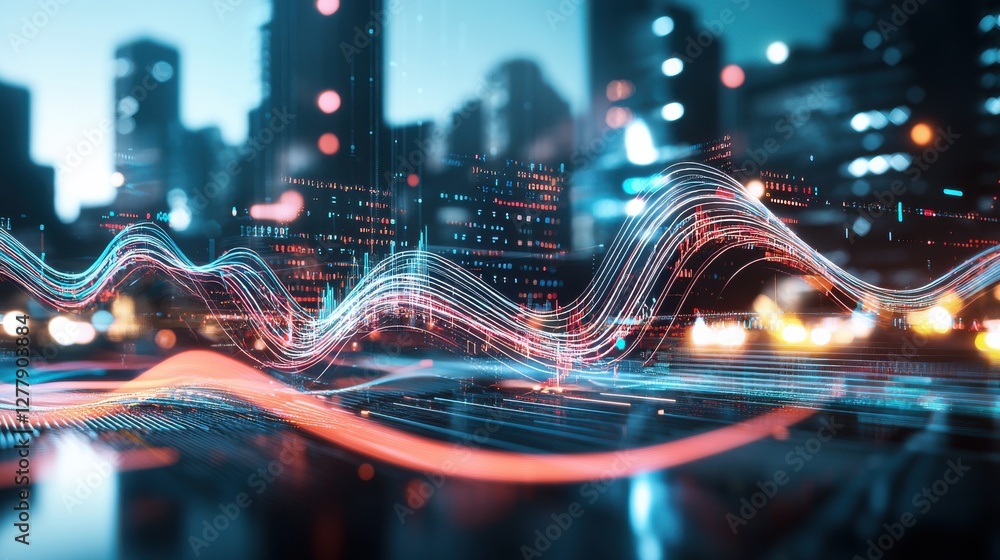 Poster captivating nightscape of illuminated cityscape with dynamic data visualization
