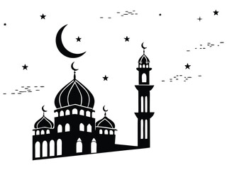 Vector graphic of an Islamic mosque with two tall minarets, a prominent dome with a crescent moon, and stars. Perfect for religious, cultural, or educational content.
