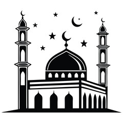 Illustration of a mosque with two minarets, a large central dome, crescent moons, and stars. Ideal for religious, cultural, or architectural themes.