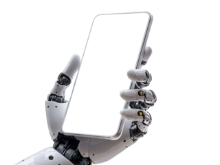 Robotic hand holding a blank smartphone, isolated on transparent cutout background