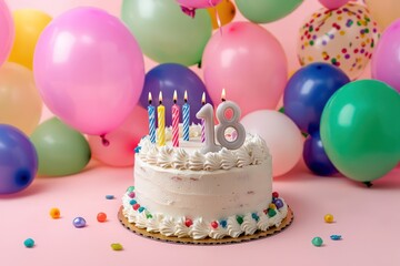 Soft pink setting, 18 candles birthday cake with colorful balloons.