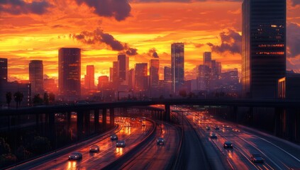 Fototapeta premium Sunset cityscape highway traffic