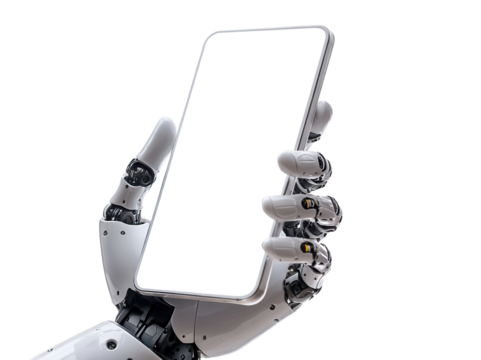 Robotic hand holding a blank smartphone, isolated on transparent cutout background