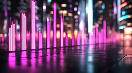 Illuminated Cityscape Reflecting in Glossy Surface at Night with Vibrant Neon Lights and Modern Architecture