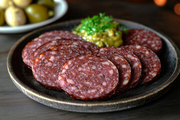 Obraz premium Ukrainian Sausage aromatic with coriander and a deep beechwood smoke deep mahogany-brown casing with a naturally aged