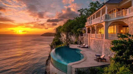 Luxury Cliffside Villa with Infinity Pool at Sunset.
